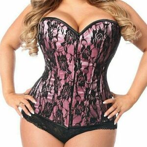 2X 34"-37" Plus Lavish Pink Black Floral Lace Satin Overbust Corset Zip Front